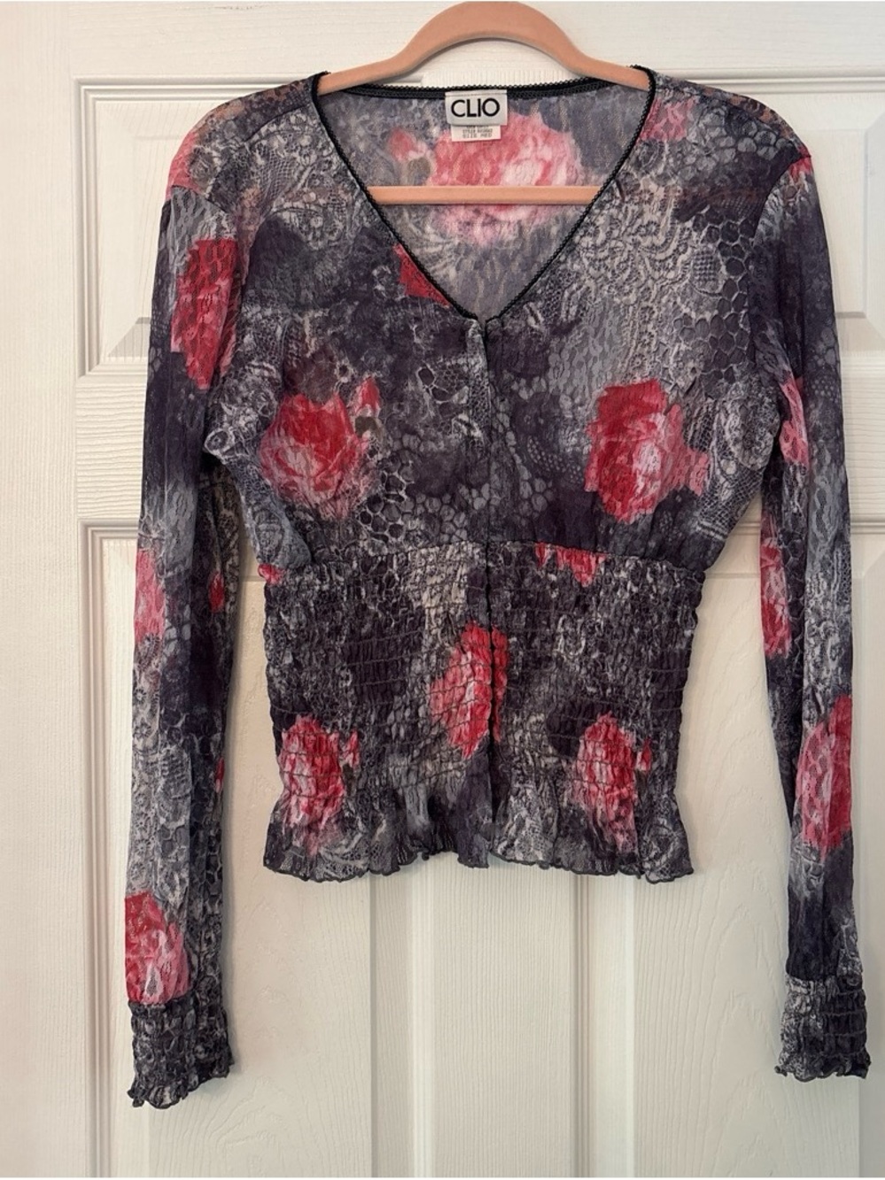 Clio Gray Long-Sleeve Smocked Top with Pink Floral Print